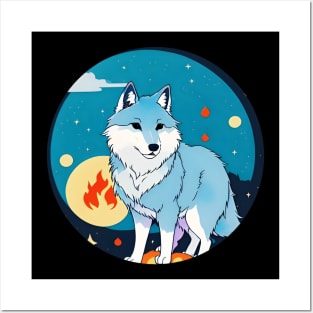 watercolor wolf in fire fool moon sticker Posters and Art